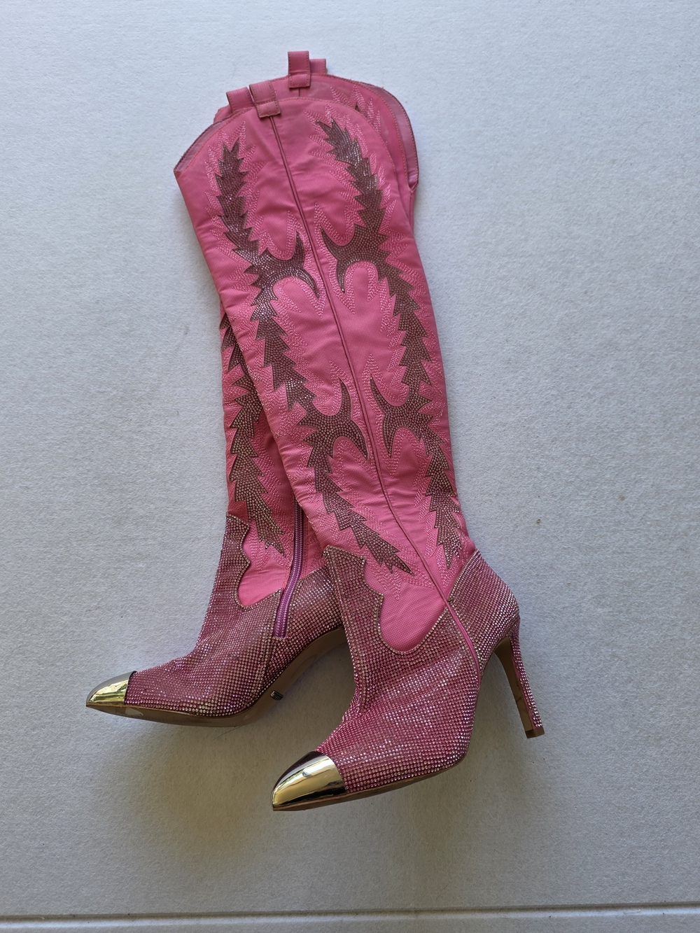 Gianni Bini Pink Crystal Western Knee-High Stiletto Boots with Silver Toe